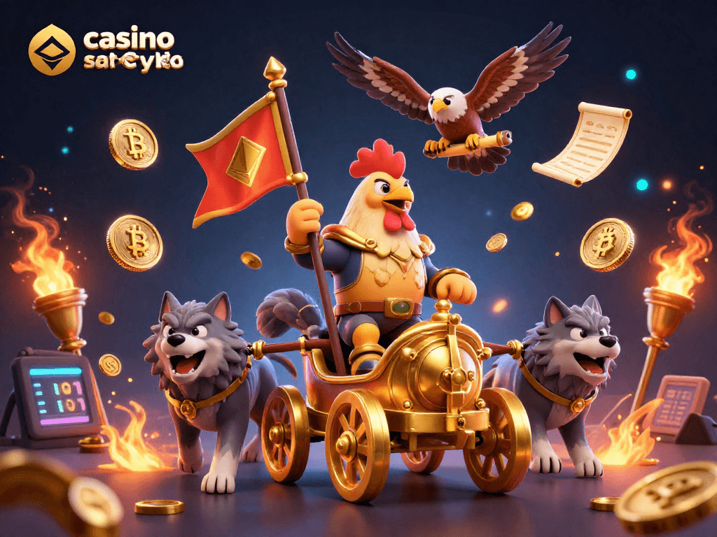 Plongez dans l'univers captivant du casino sans KYC crypto avec une illustration 3D dynamique et colorée.