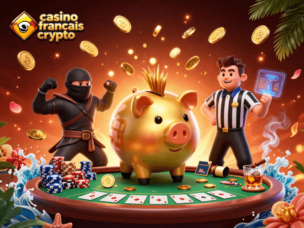 Jouez au casino français crypto avec des personnages 3D dynamiques entourés de pièces et de cartes de poker.