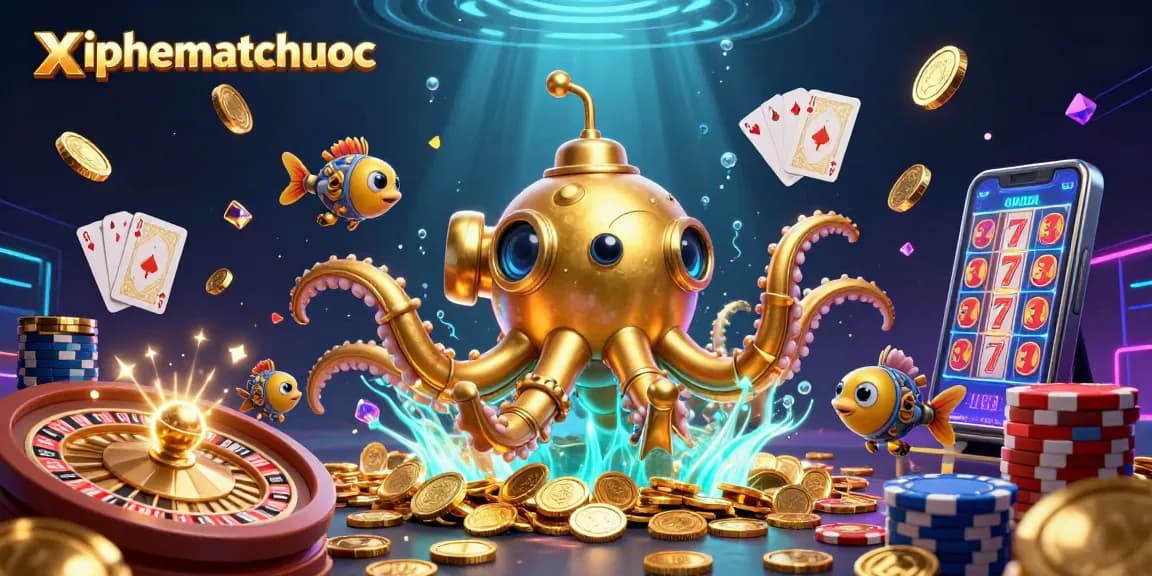 xiphematchuoc showcases a vibrant underwater casino scene with a golden kraken, mechanical fish, and casino elements.
