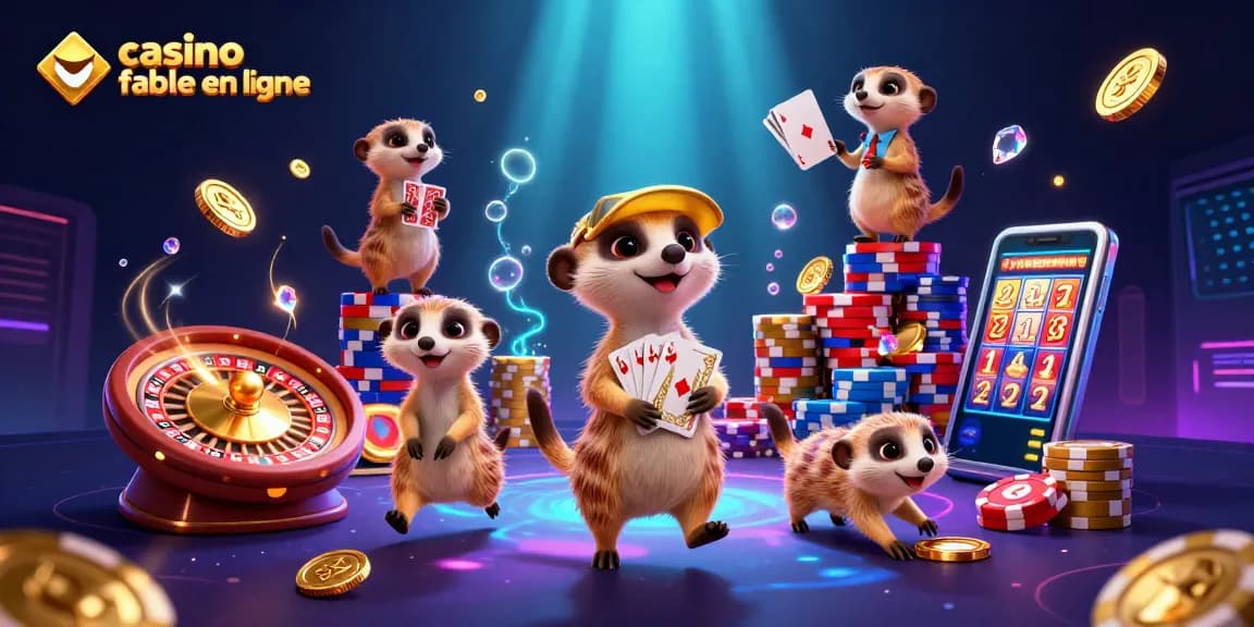 Illustration de la colonie de meerkats gérant un casino fiable en ligne, entourée de jetons et de lumières.