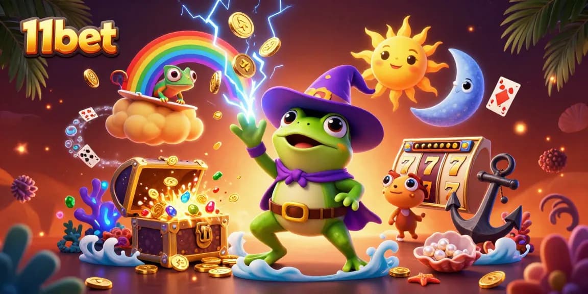Engage in casino excitement with 11bet as characters celebrate a jackpot of coins and slots.