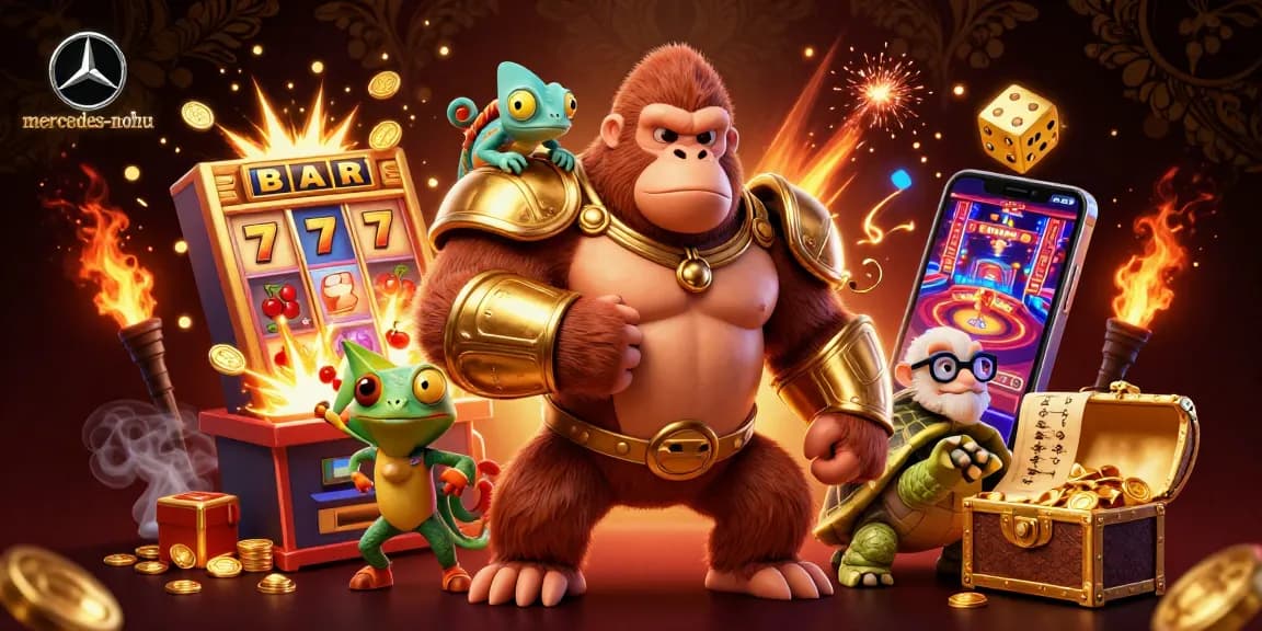 Engage in thrilling casino action with mercedes-nohu, featuring a golden gorilla king, colorful symbols, and vibrant game elements.