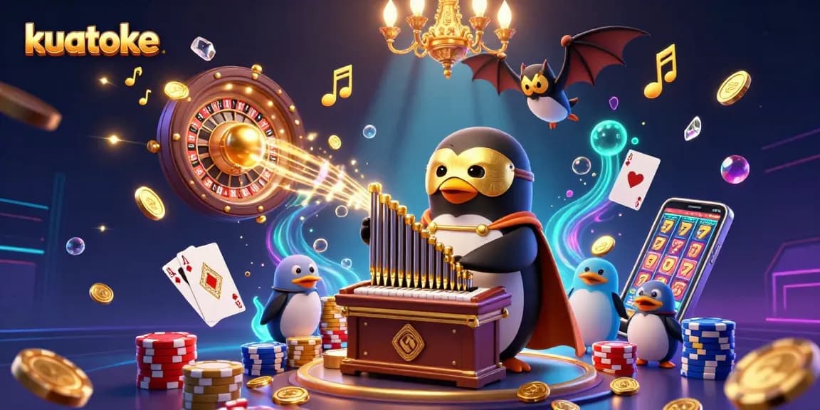 Kuatoke reveals a vibrant casino scene with golden coins, playing cards, and a whimsical penguin.