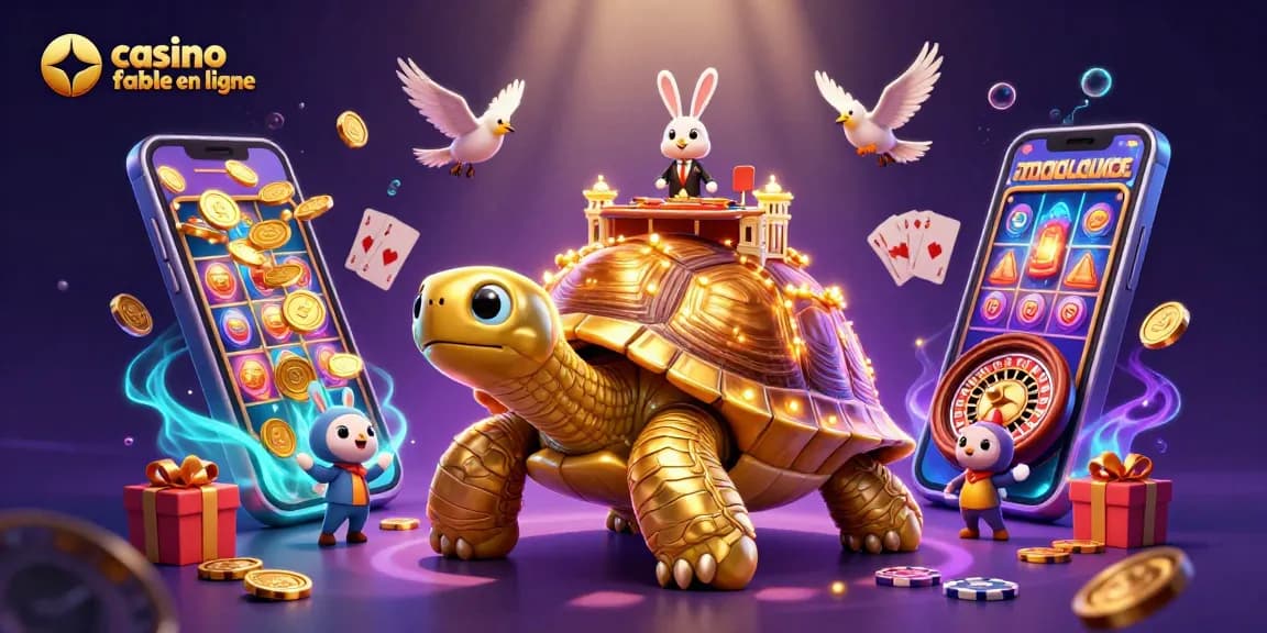 Arrivez à un casino fiable en ligne avec une tortue dorée et un croupier, illustrant la richesse du jeu.