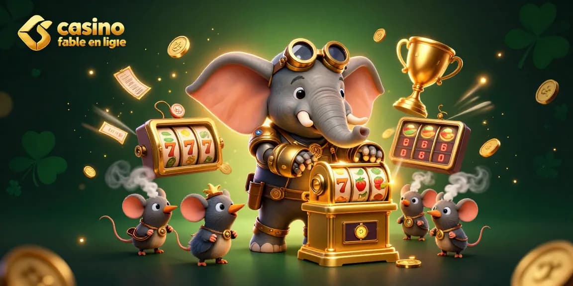 Visualisez le casino fiable en ligne avec un éléphant steampunk et des éléments de jeu dynamiques.
