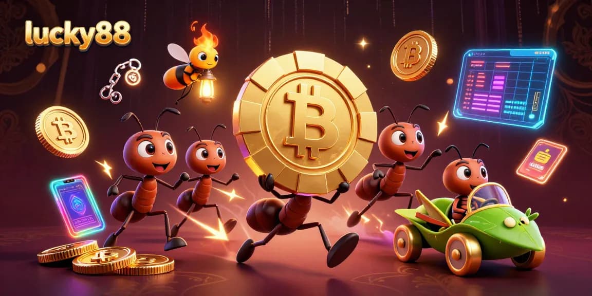 Experience lucky88's thrilling heist with ants, golden chips, and crypto coins in a vibrant 3D illustration.