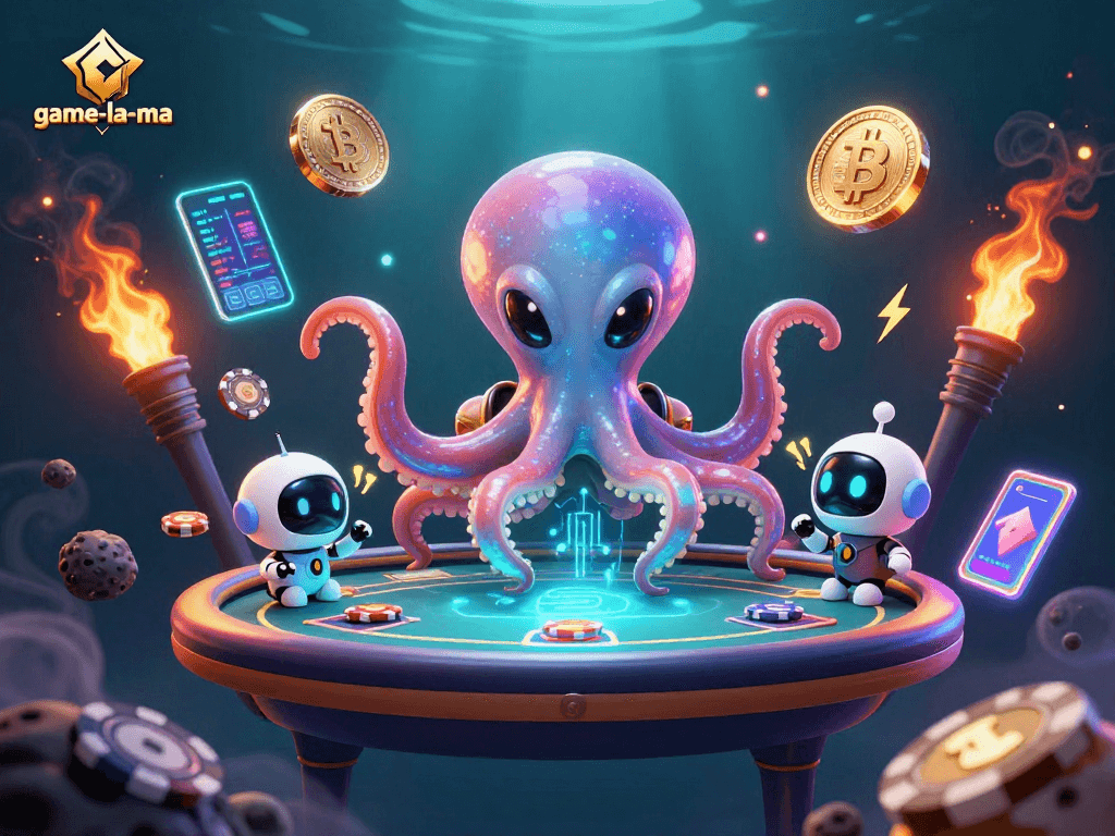Engage with game-la-ma's vibrant crypto casino scene featuring an alien octopus and blockchain elements.