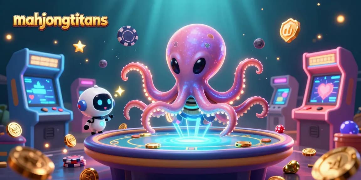 Engage in strategic gameplay with mahjongtitans as a 3D octopus plays poker with asteroid chips.