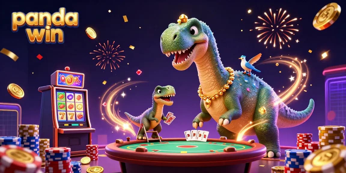 Panda win excitement soars as a brontosaurus towers over a lively 3D casino scene filled with slot machines and colorful chips.