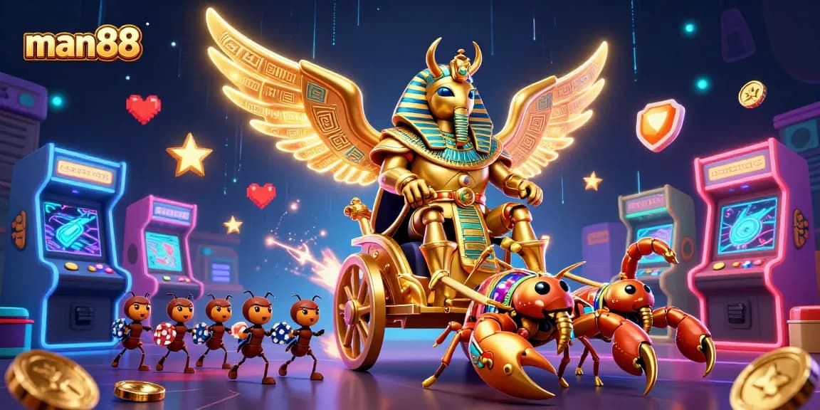 Engage with man88's vibrant casino world featuring a colossal scarab beetle in action.