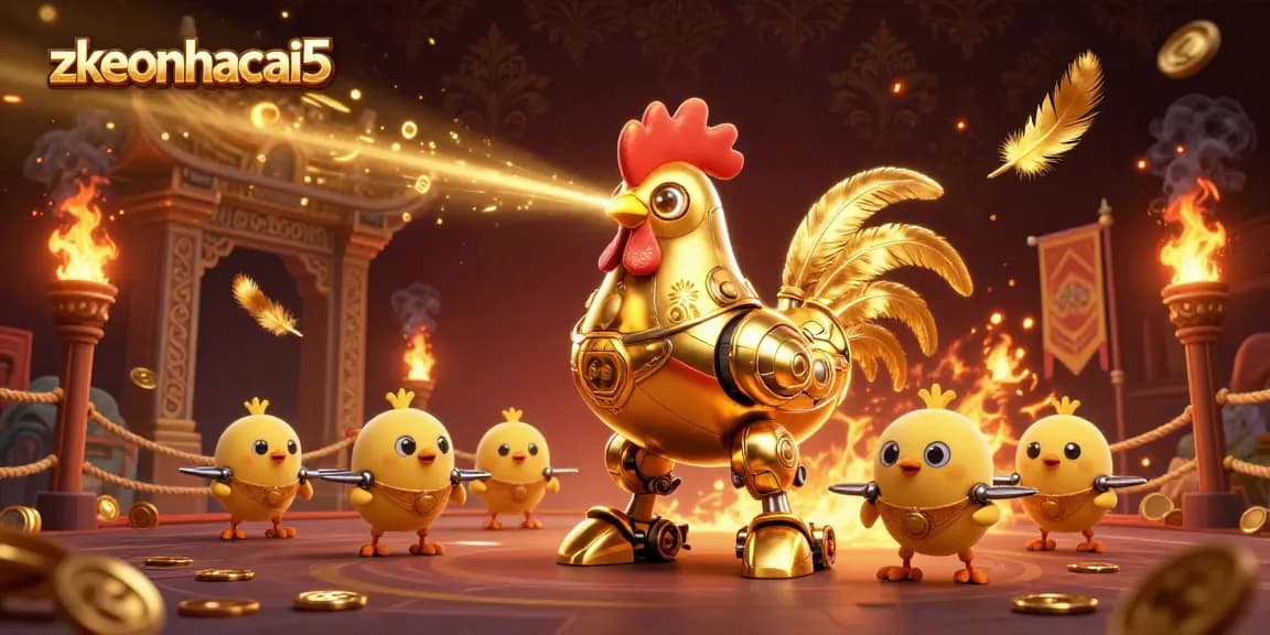 Bet online with zkeonhacai5 featuring a golden rooster robot and vibrant casino elements.