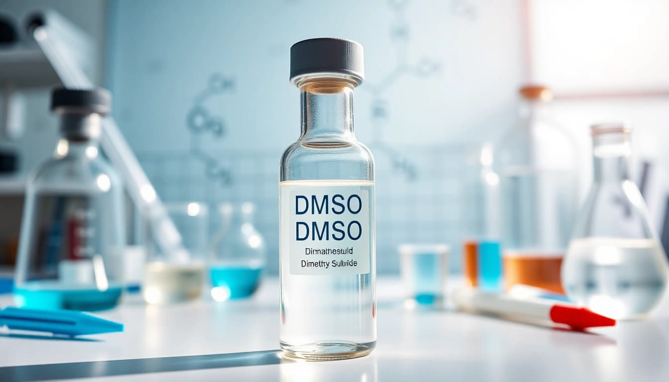 Highlighting dmso organic in a lab setting with glass vial and scientific equipment.