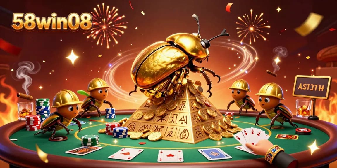 Experience the thrill of gaming with 58win08 as golden beetles navigate a casino pyramid in splendor.
