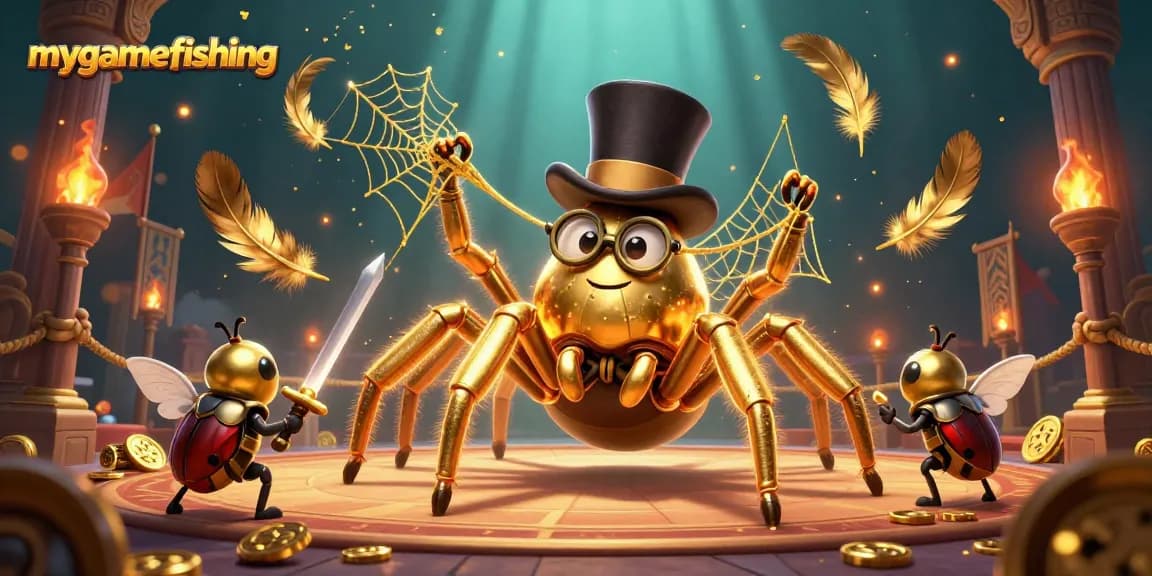 Engage in the mygamefishing experience with a bold beetle knight and a golden tarantula in a vibrant casino scene.