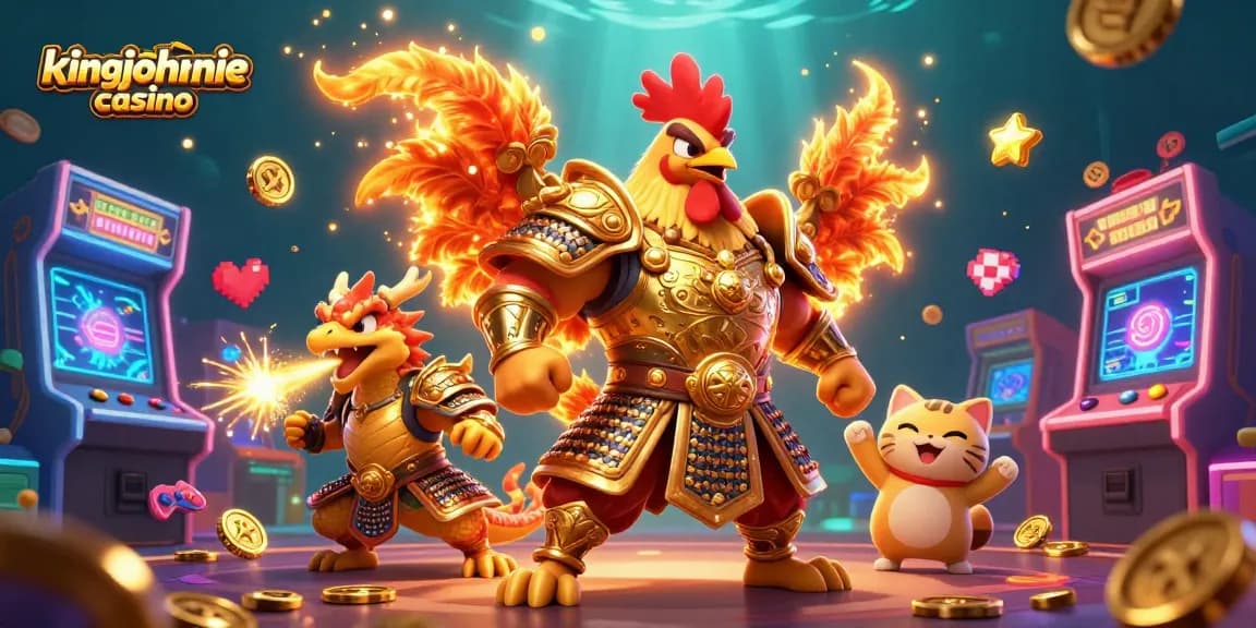 Experience the excitement of kingjohnnie casino with a dynamic illustration featuring a rooster warrior and dragon hatchling.
