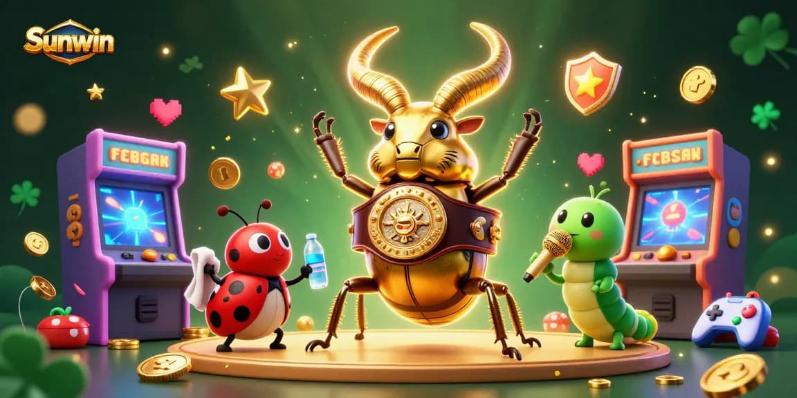Sunwin's vibrant gaming scene showcases a golden stag beetle champion, ladybug corner-man, and caterpillar announcer in action.