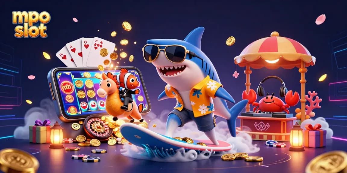 Engage with mpo slot's vibrant world featuring a shark, clownfish, and crab amidst casino-themed elements.