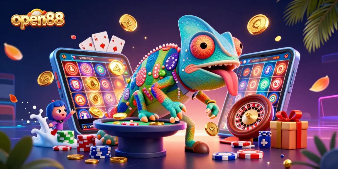 Experience the excitement of open88 with a vibrant 3D chameleon casino owner and dynamic gameplay elements.