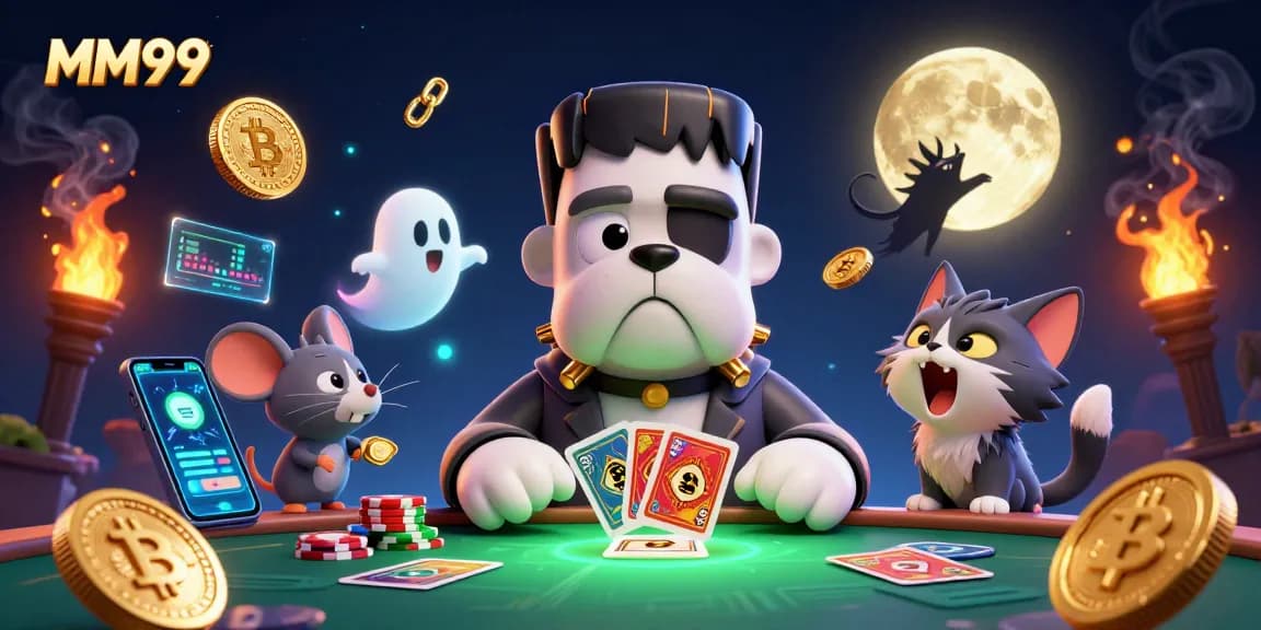 MM99 casino illustration with a Frankenstein bulldog dealing cards in a spooky scene.