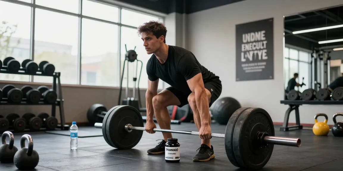 Bodybuilder using Pharmaqo supplements while deadlifting in a vibrant gym setting.