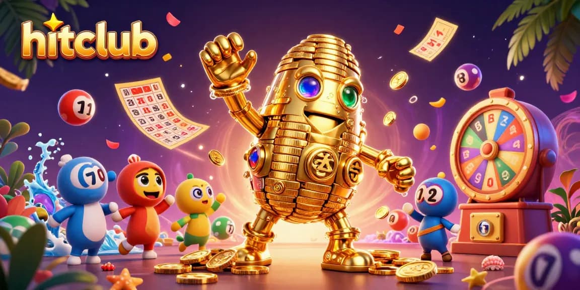 Join the hitclub excitement with a vibrant scene of lottery games featuring bouncing numbered balls and a golden golem.