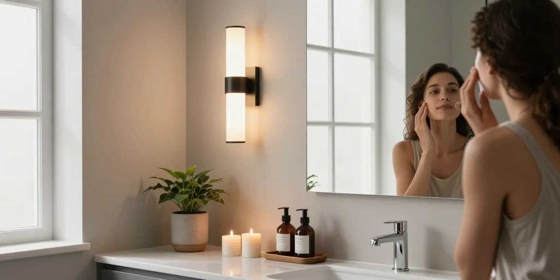Aplica baie modernă cu iluminare LED, contribuind la un decor elegant și relaxant.