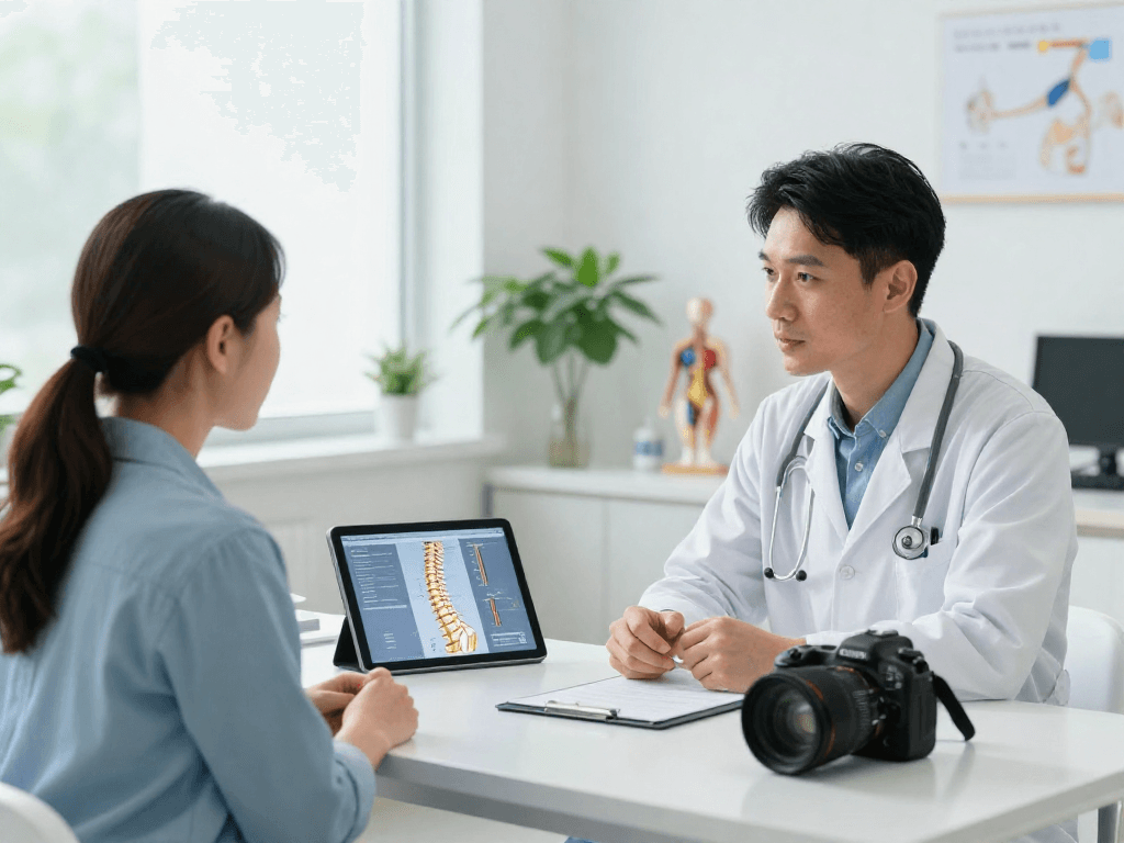 Bel fıtığı ameliyatı consultation in a modern clinic showing physician explaining treatment options to patient.