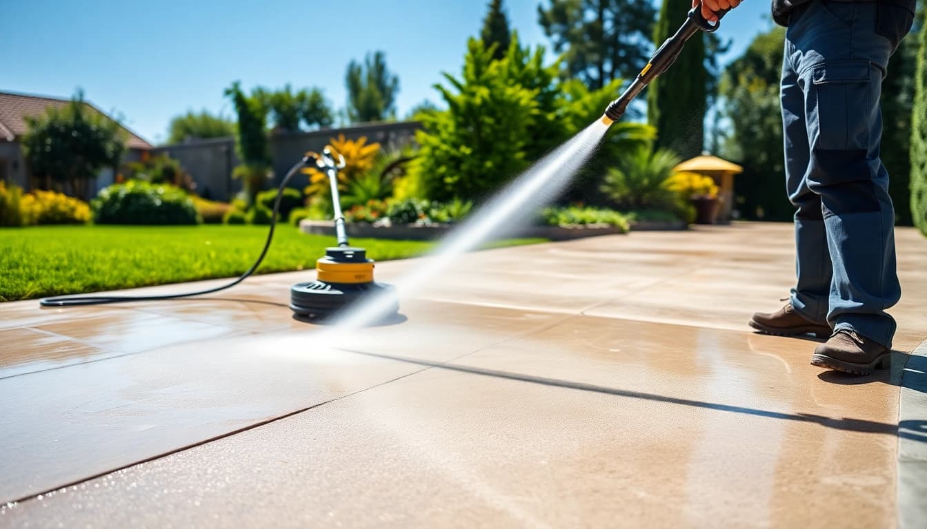 Driveway cleaning technician using a pressure washer on a concrete surface, showcasing a clean and bright driveway.