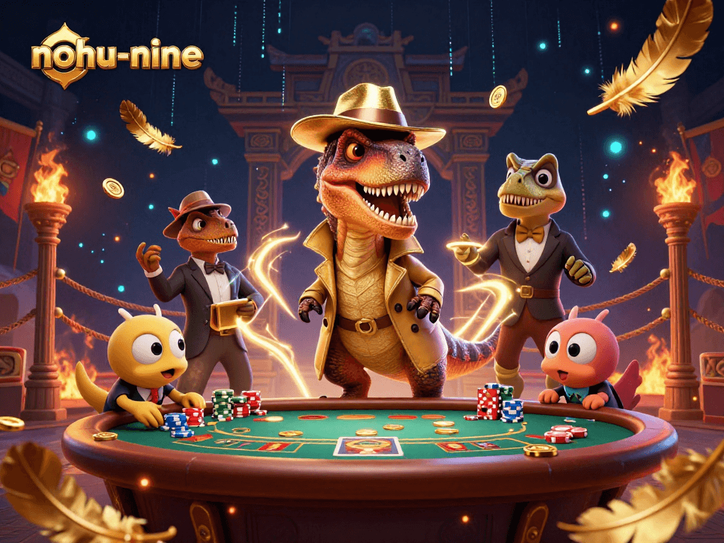 Experience intense gambling with nohu-nine's vibrant velociraptor card counter and stegosaurus pit boss at a blackjack table.