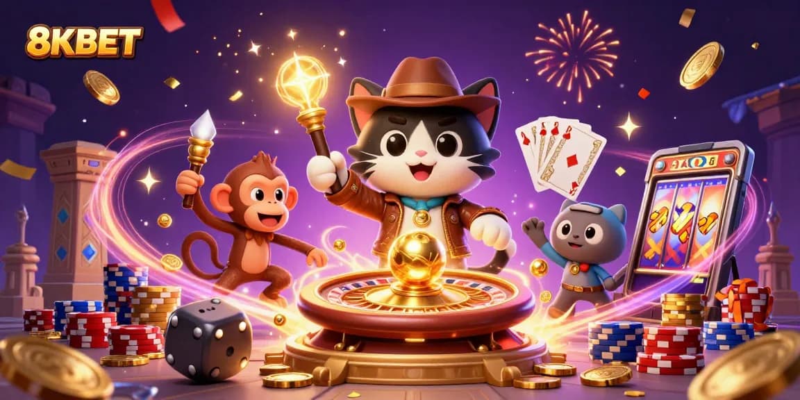 Discover the excitement of 8KBET with a vibrant casino scene featuring treasures and lively characters.