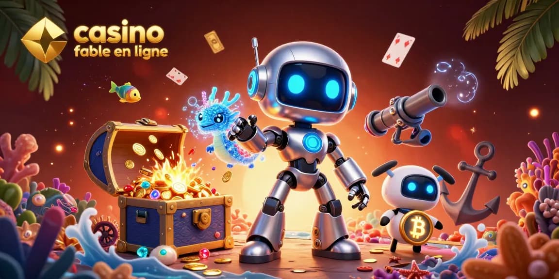 Découvrez le meilleur casino fiable en ligne avec notre robot cyberpunk et ses compagnons, au milieu d'une scène pleine de trésors.
