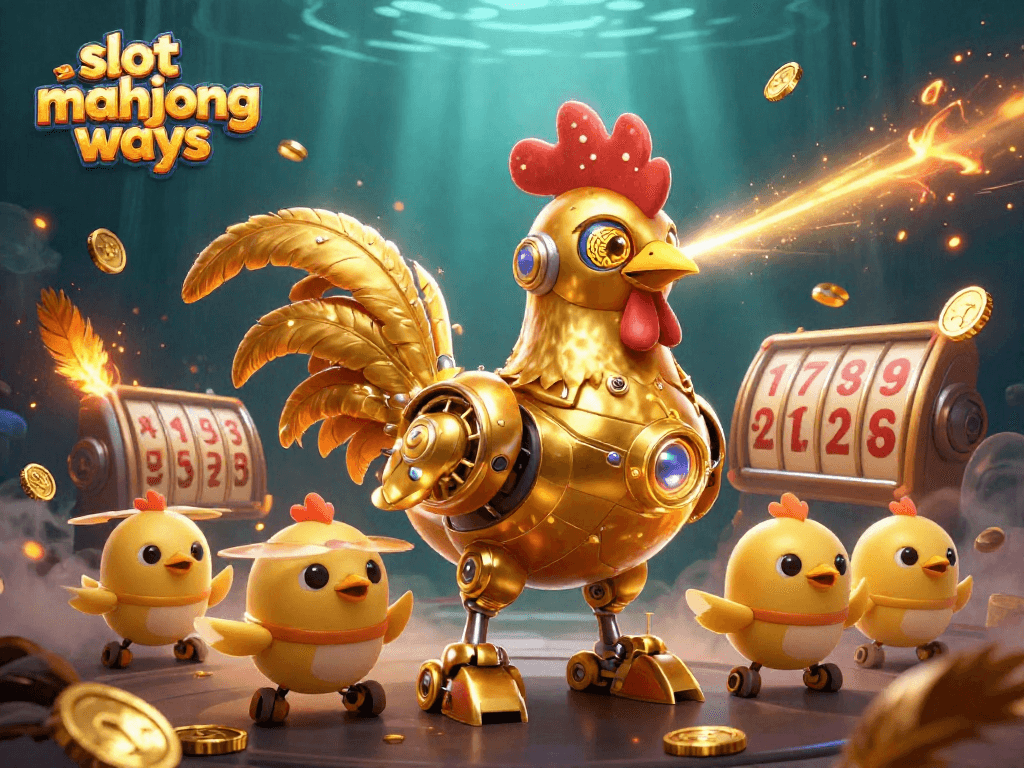 Experience the excitement of slot mahjong ways with a dynamic scene featuring a golden rooster robot and baby chick drones.