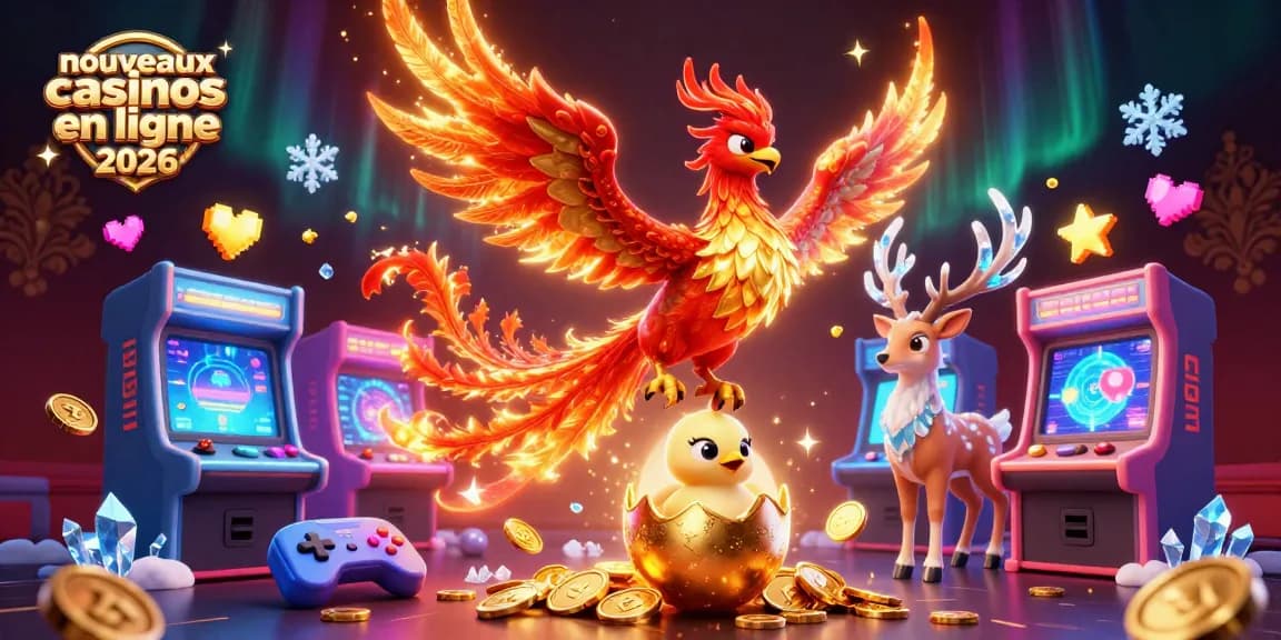 Explorez les nouveaux casinos en ligne 2026 avec cette illustration dynamique de jeux captivants.