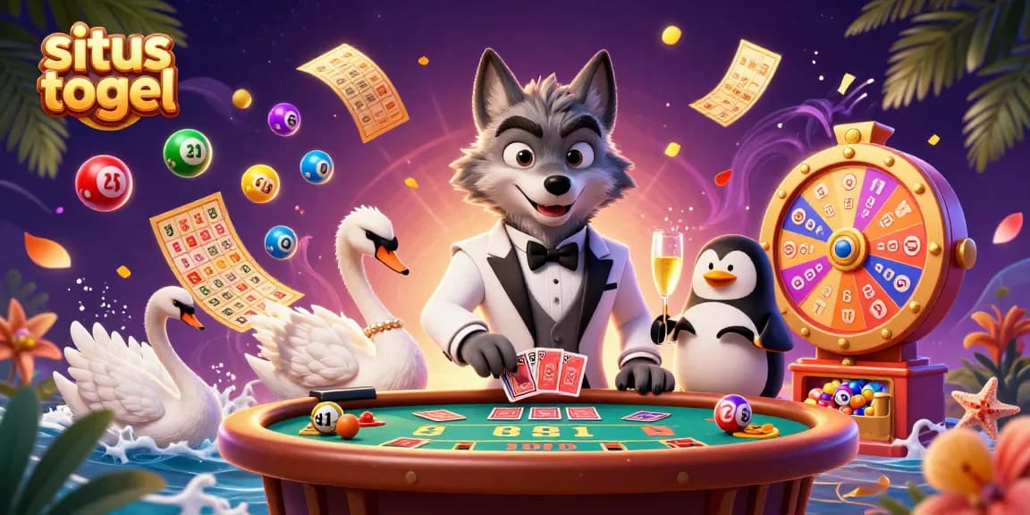 Situs togel-themed dynamic illustration of a debonair wolf at baccarat, colorful lottery elements flying around