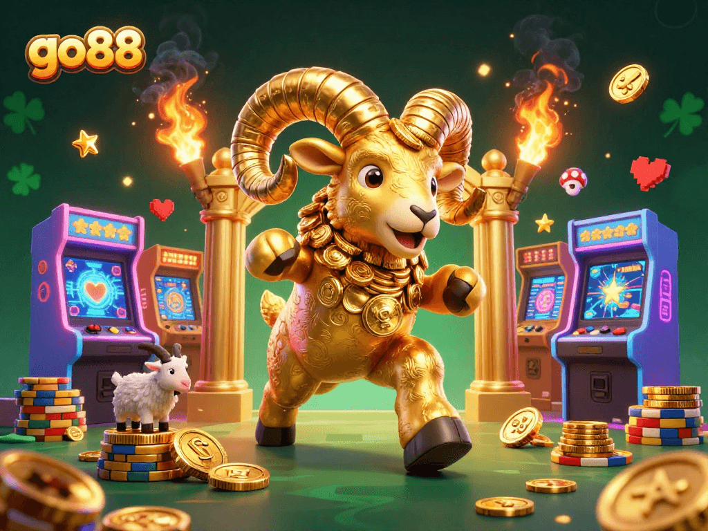 Experience exciting gameplay at go88 with a vibrant scene of a golden ram charging through a virtual casino realm.
