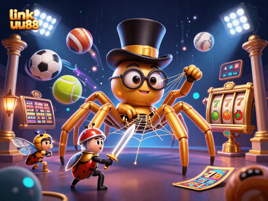 link uu88 showcases a giant tarantula and beetle knight in an exciting casino scene with dynamic elements.
