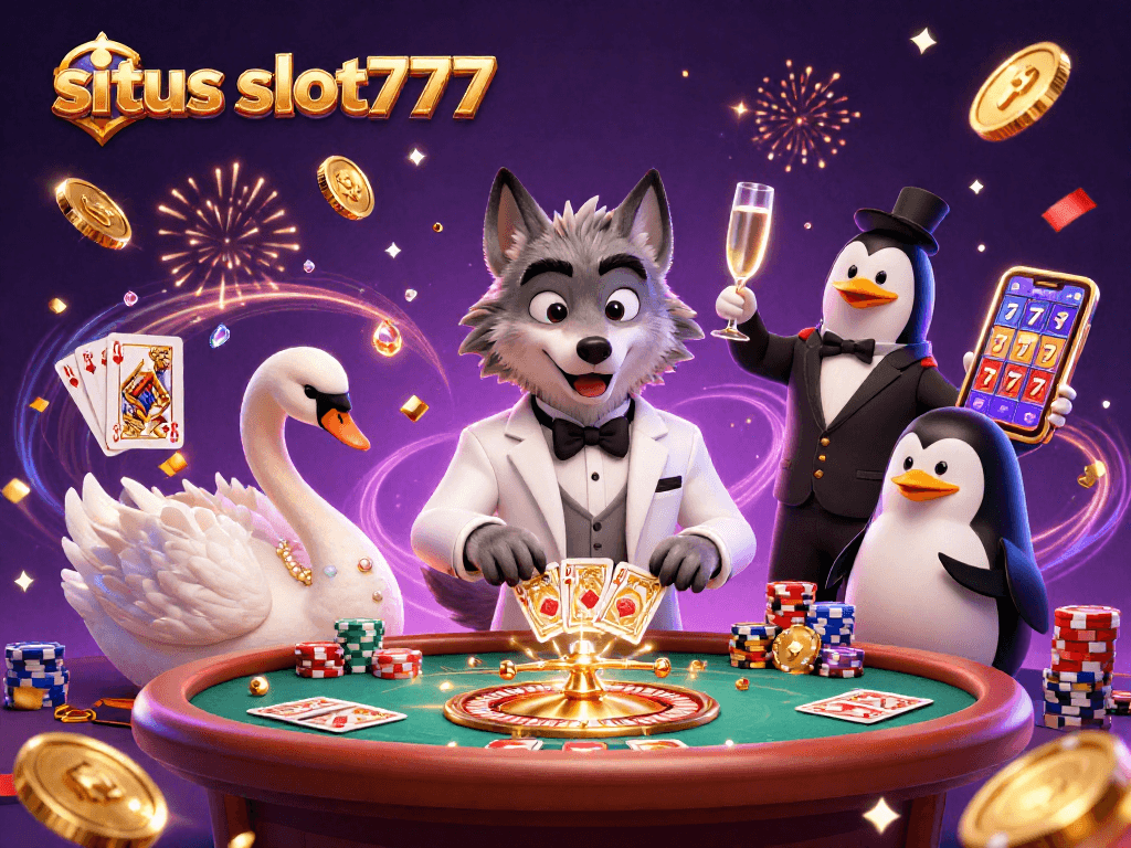 Spin to win with situs slot777's vibrant 3D casino scene featuring engaging characters and dynamic game elements.