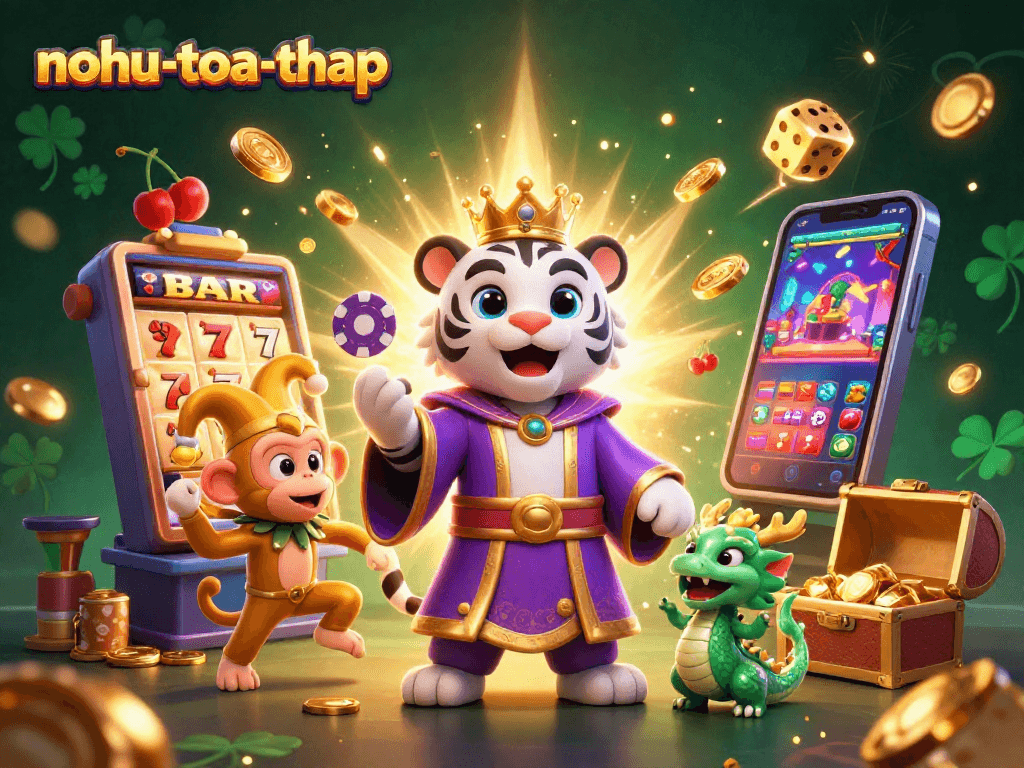 Nohu-toa-thap showcases an elegant scene with vibrant 3D characters and casino elements, immersing players in excited gameplay.