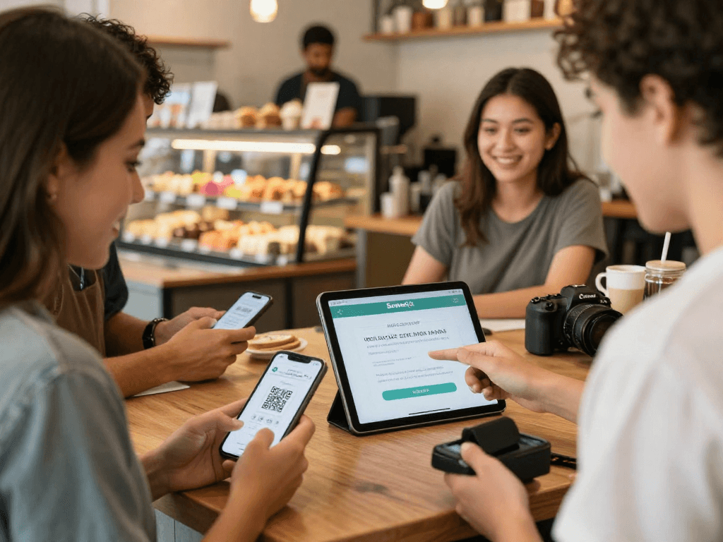 Dynamic café loyalty program scene showing customers engaging with the loyalty program using QR codes.