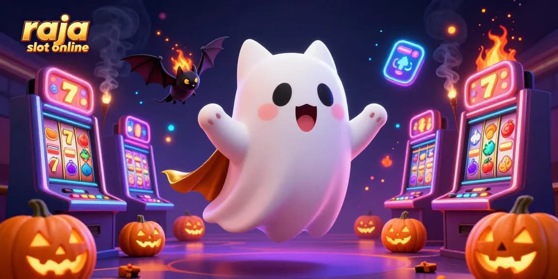 Experience the excitement of raja slot online with a playful ghost cat and vibrant game elements in a casino.