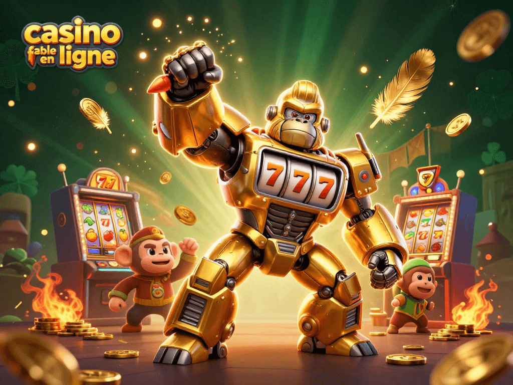 Illustration dynamique d'un casino fiable en ligne avec un gorille en mécha et des machines à sous.