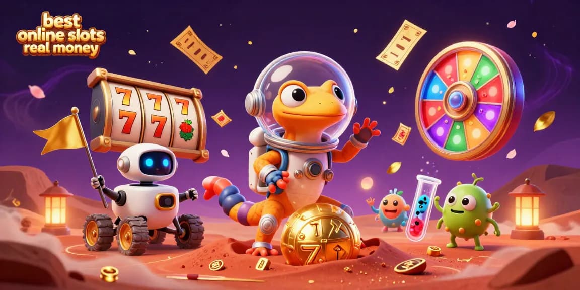 Engaging Martian-themed illustration promoting best online slots real money with vibrant slot machines and characters.