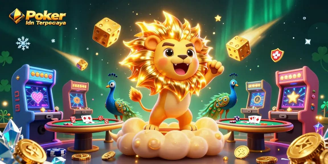 Experience the thrill of Poker Idn Terpercaya with a vibrant 3D casino scene featuring lively characters and gaming elements.