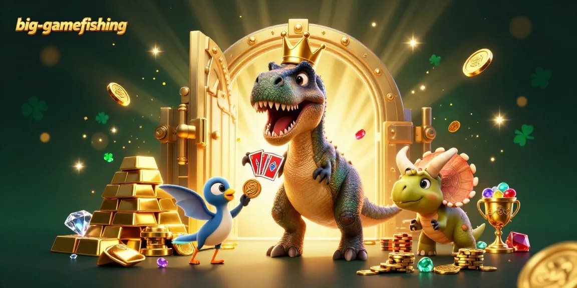 Engage in big-gamefishing excitement with T-Rex, pterodactyl, and triceratops amid treasure and cards.