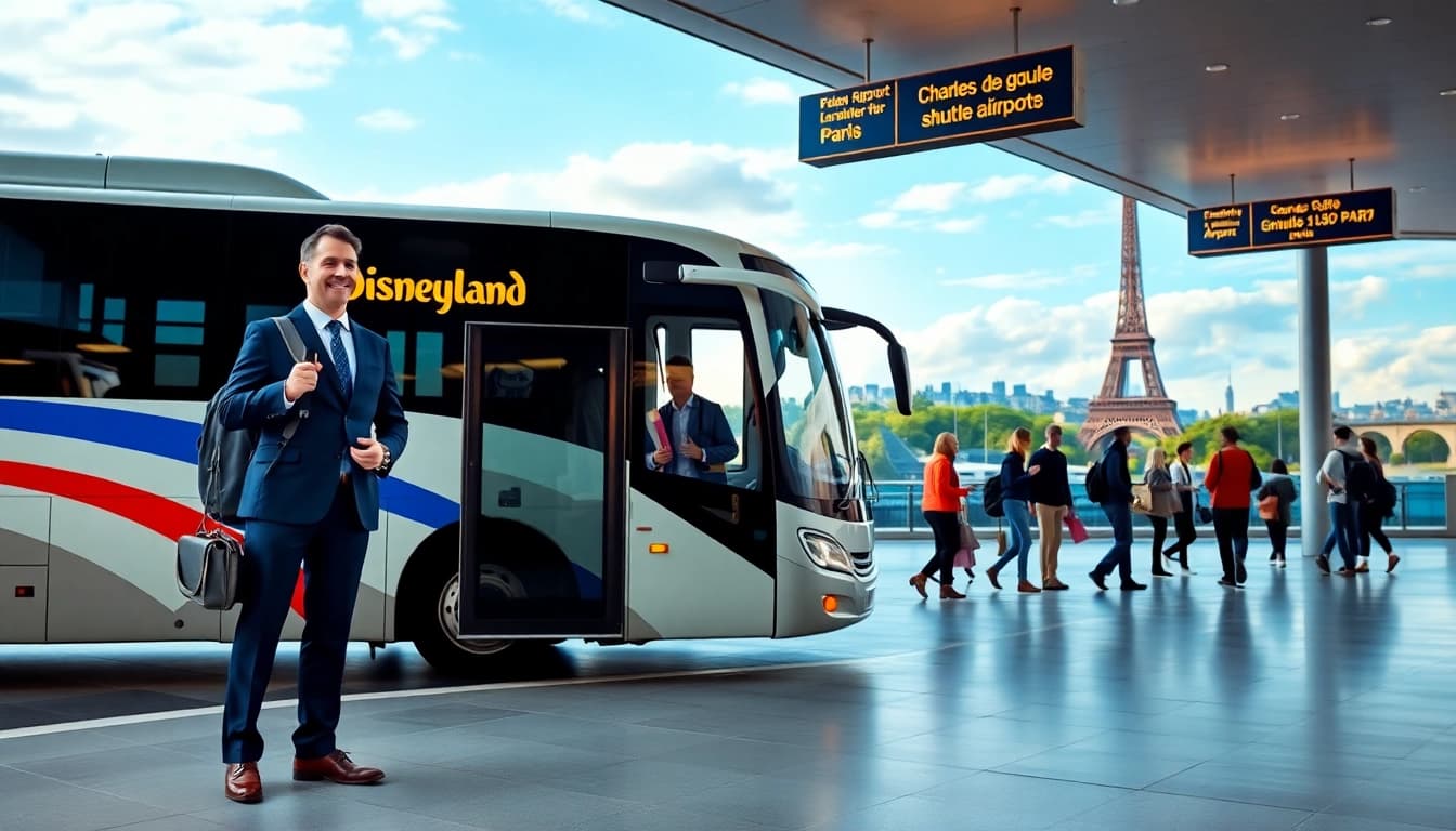 Shuttle bus for transfers from paris airport to disneyland amidst travelers at Charles de Gaulle Airport.