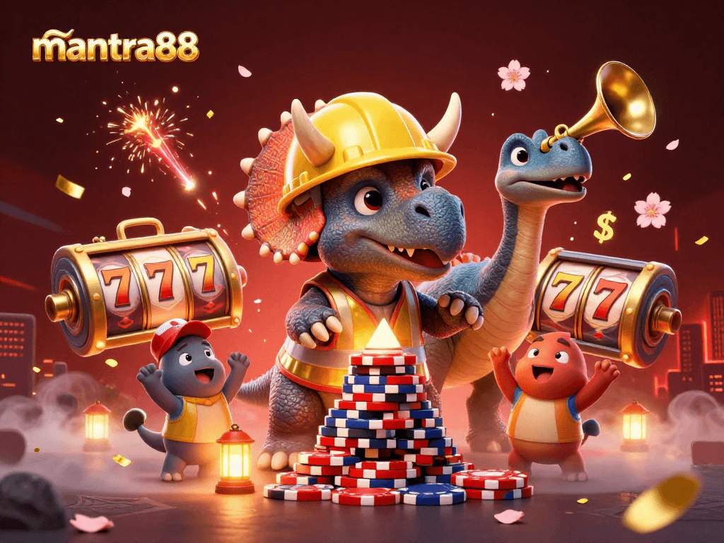Experience the thrill of mantra88 with vibrant casino scenes featuring cheering characters and slot reels.
