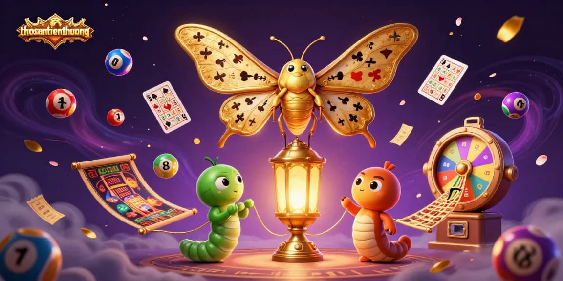 Engage with thosantienthuong gameplay, featuring a 3D moth amidst colorful casino elements illustrating excitement
