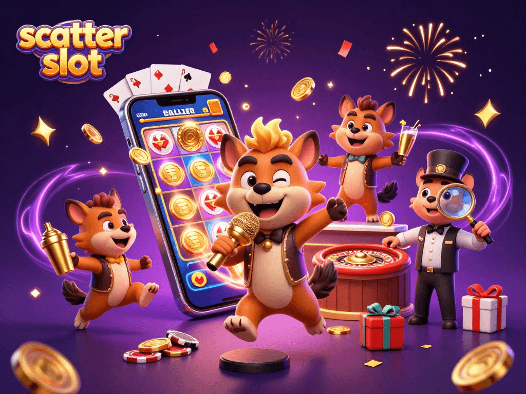 Illustration featuring scatter slot excitement with hyenas in a comedy casino club, joyful gaming scene.