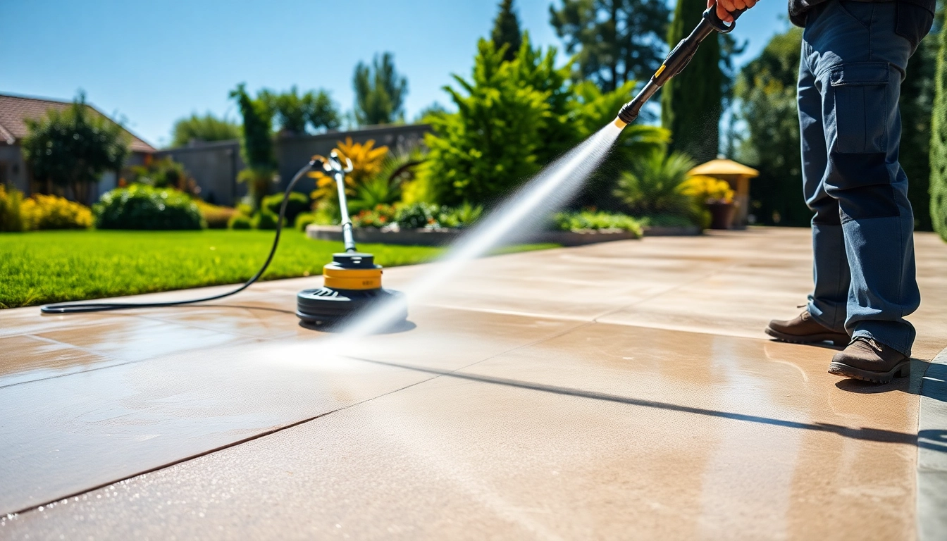 Driveway cleaning technician using a pressure washer on a concrete surface, showcasing a clean and bright driveway.