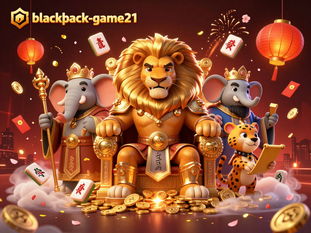 Engage in thrilling gameplay on blackjack-game21 with a majestic lion king overseeing a vibrant casino scene.